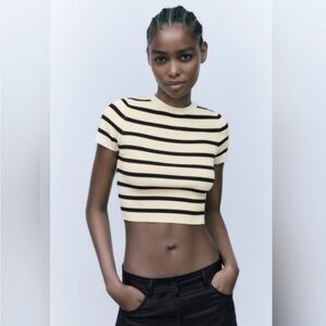 Zara Knit Black Cream Fitted Striped Cropped Stretch Top Small